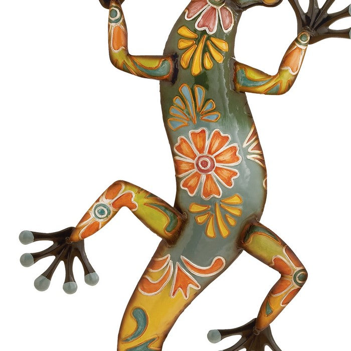 32 Inch Metal Wall Lizard Sculpture with Floral Motif, Multicolor