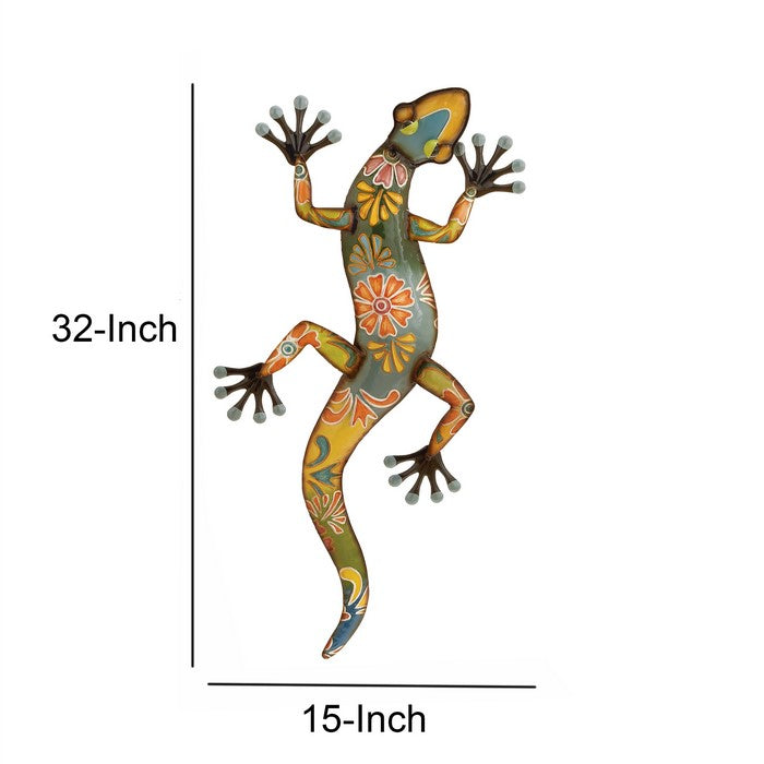 32 Inch Metal Wall Lizard Sculpture with Floral Motif, Multicolor