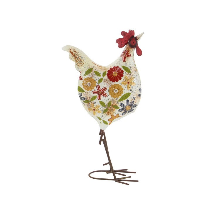 17 Inch Farmhouse Floral Motif Metal Rooster Sculpture, Multicolor