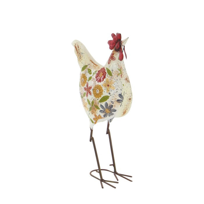 17 Inch Farmhouse Floral Motif Metal Rooster Sculpture, Multicolor