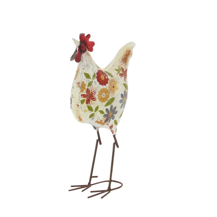 17 Inch Farmhouse Floral Motif Metal Rooster Sculpture, Multicolor
