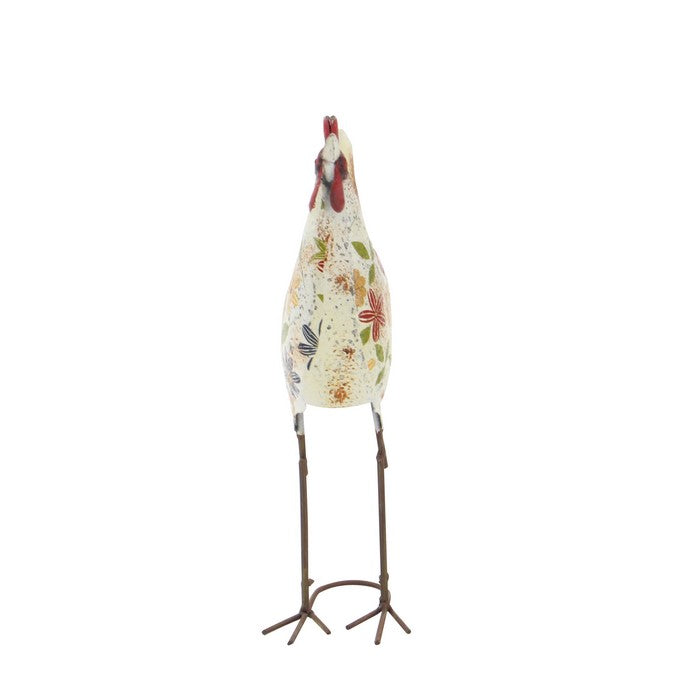 17 Inch Farmhouse Floral Motif Metal Rooster Sculpture, Multicolor