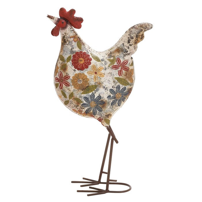 17 Inch Farmhouse Floral Motif Metal Rooster Sculpture, Multicolor