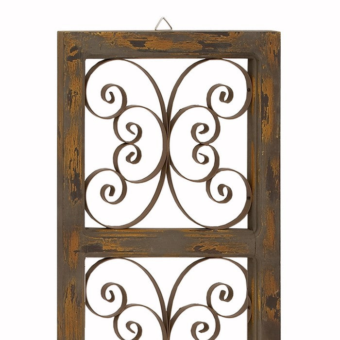 Wood and Metal Scroll Design Rustic Wall Panel, Brown