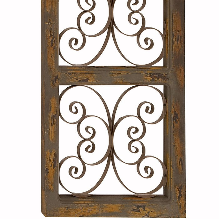 Wood and Metal Scroll Design Rustic Wall Panel, Brown