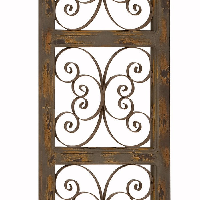 Wood and Metal Scroll Design Rustic Wall Panel, Brown