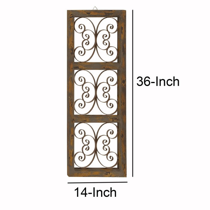 Wood and Metal Scroll Design Rustic Wall Panel, Brown