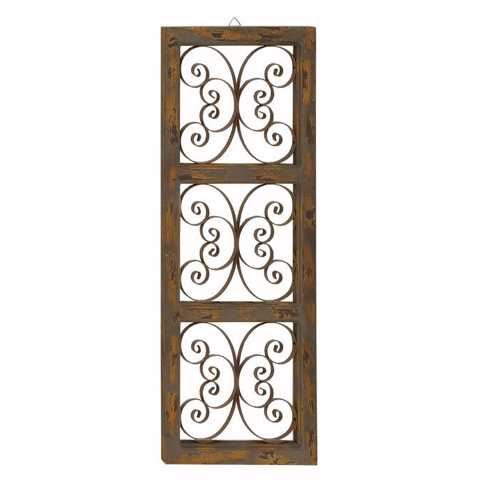 Wood and Metal Scroll Design Rustic Wall Panel, Brown