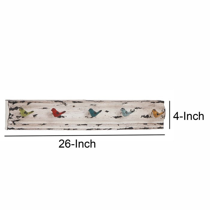 26 Inch Metal and Wood Wall Hook with Distressed Details, Washed White