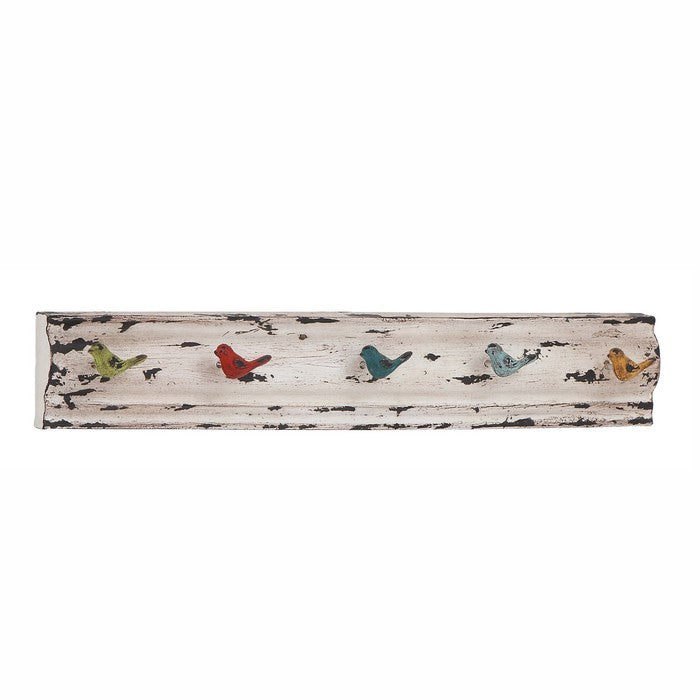 26 Inch Metal and Wood Wall Hook with Distressed Details, Washed White