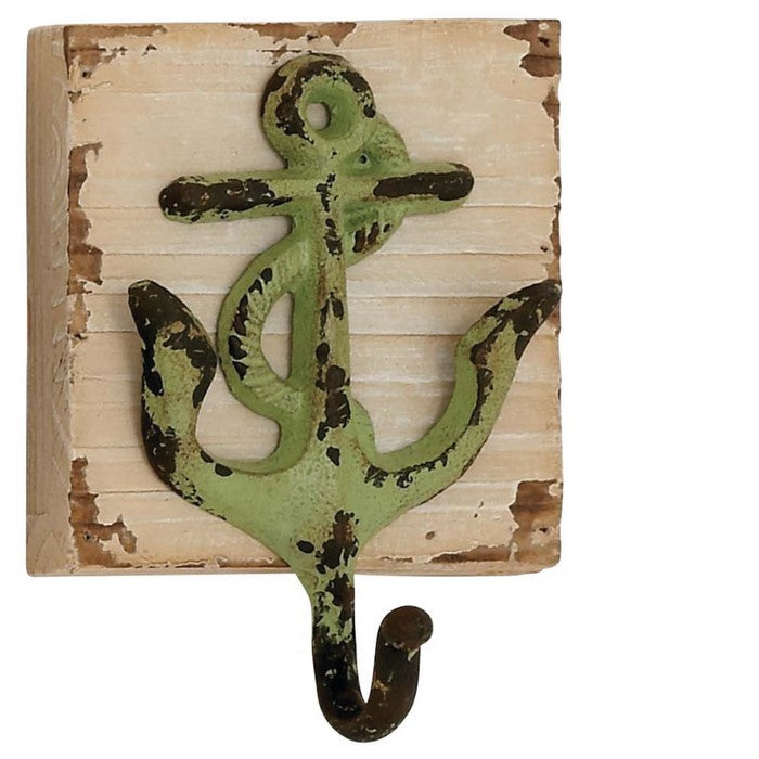 Nautical Wood and Metal Wall Hook with Distressed Details, Antique White