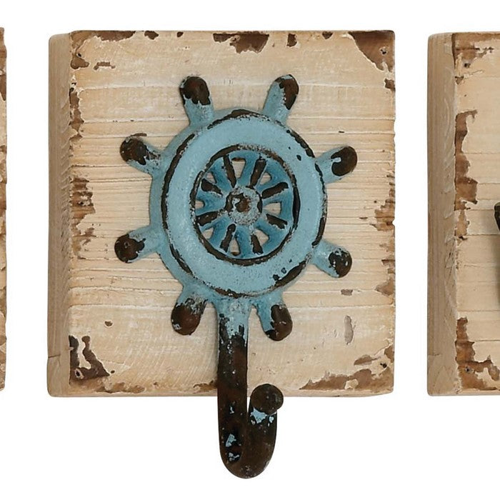 Nautical Wood and Metal Wall Hook with Distressed Details, Antique White