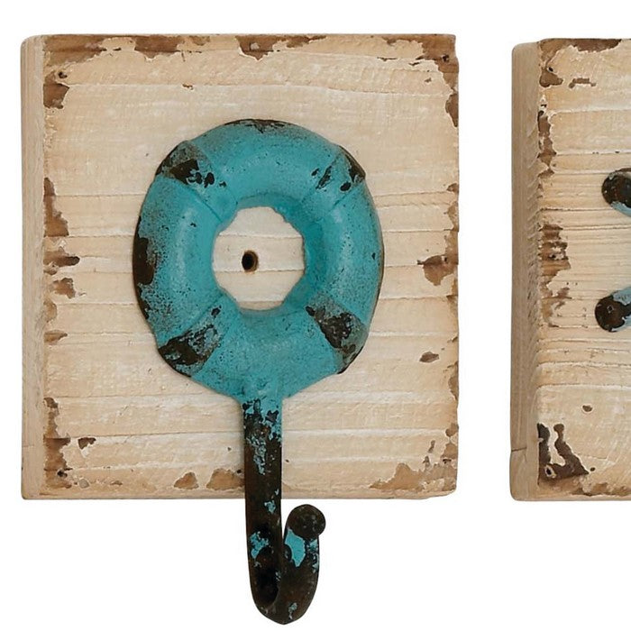 Nautical Wood and Metal Wall Hook with Distressed Details, Antique White
