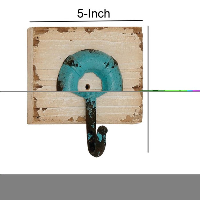 Nautical Wood and Metal Wall Hook with Distressed Details, Antique White