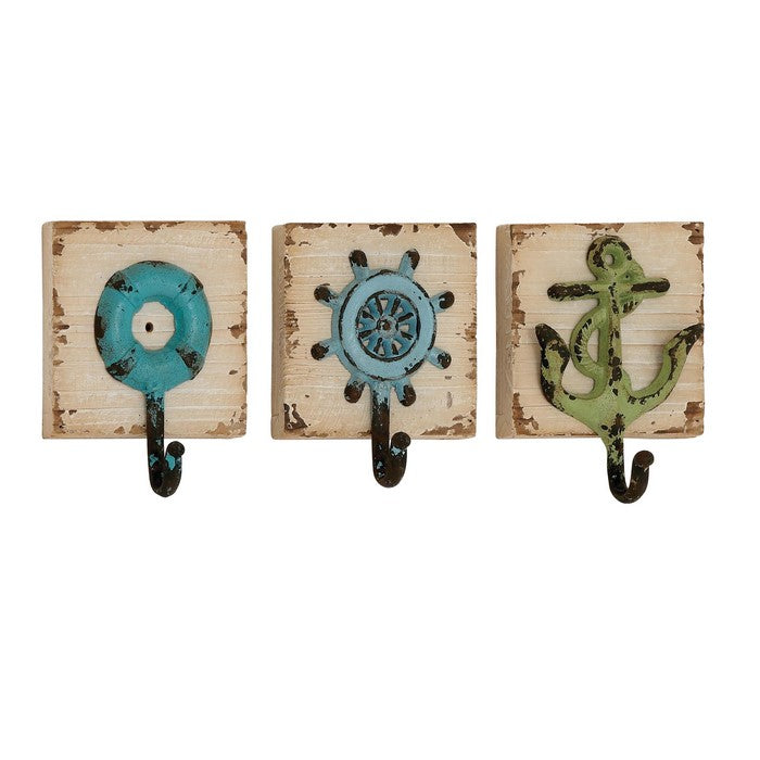Nautical Wood and Metal Wall Hook with Distressed Details, Antique White