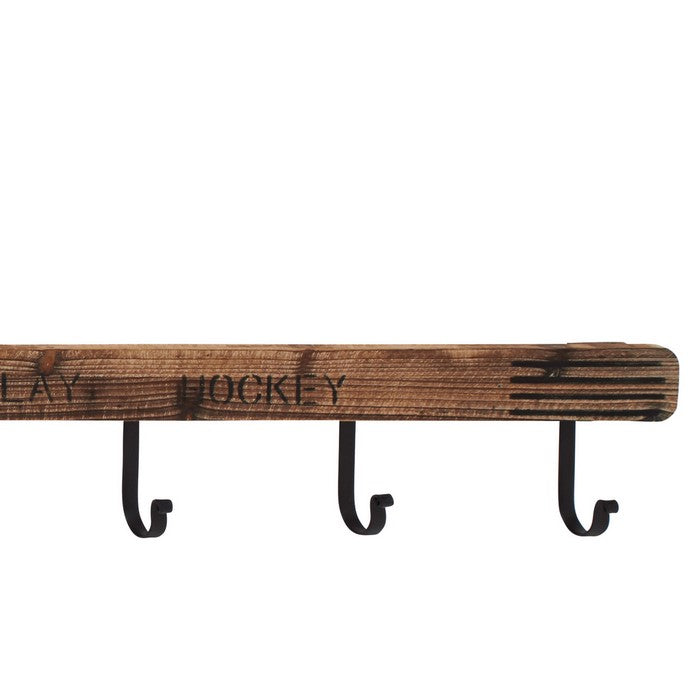 Wood and Metal Hockey Wall Hook with Typography, Brown and Blue