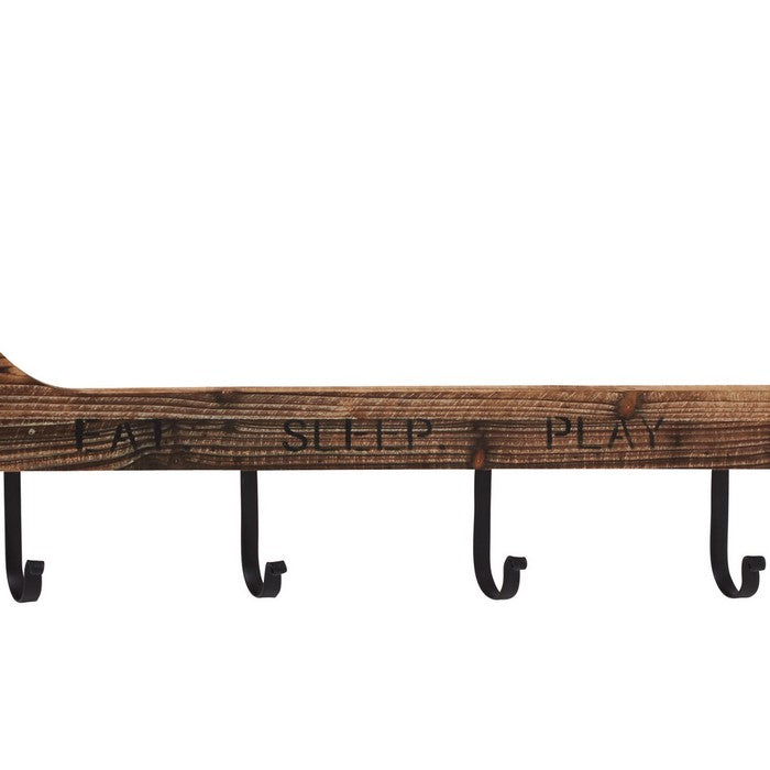 Wood and Metal Hockey Wall Hook with Typography, Brown and Blue