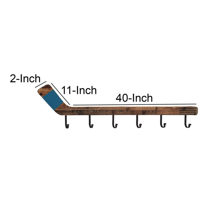 Wood and Metal Hockey Wall Hook with Typography, Brown and Blue