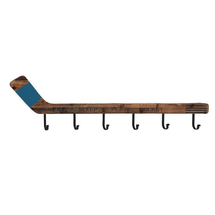 Wood and Metal Hockey Wall Hook with Typography, Brown and Blue