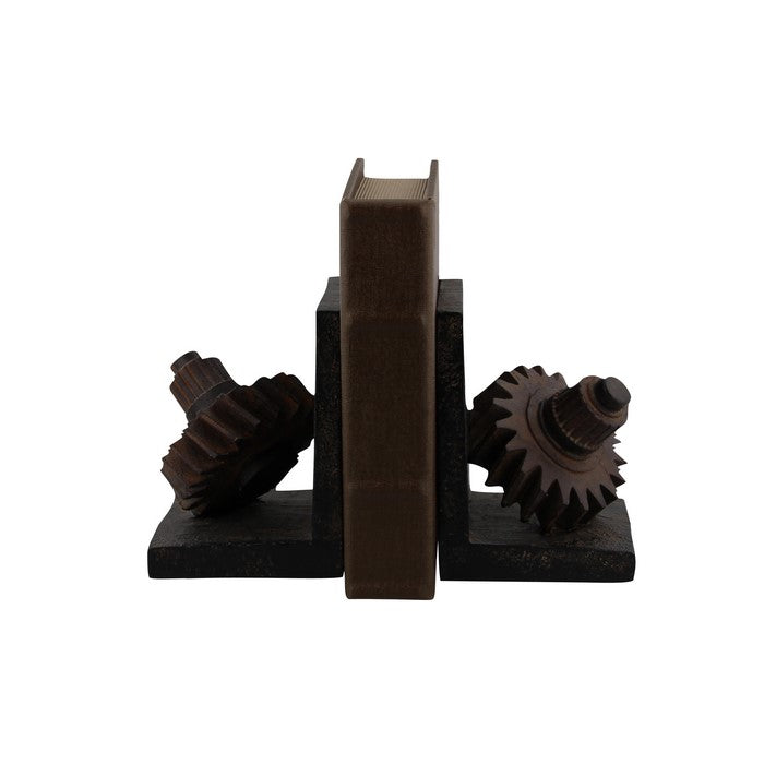 Industrial Polystone Bookend with Leaning Gear, Pair of 2, Brown