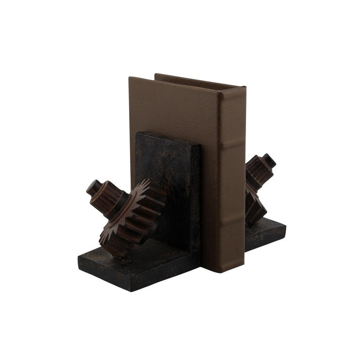 Industrial Polystone Bookend with Leaning Gear, Pair of 2, Brown
