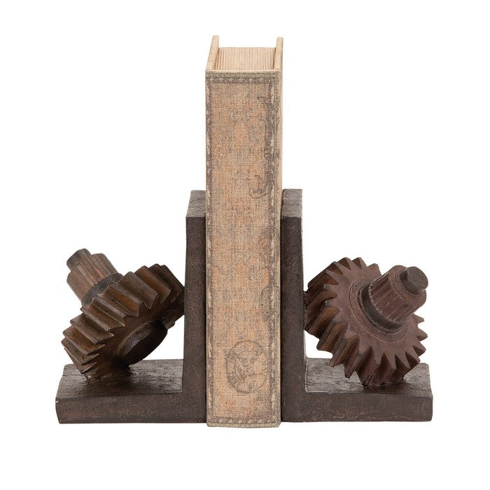 Industrial Polystone Bookend with Leaning Gear, Pair of 2, Brown