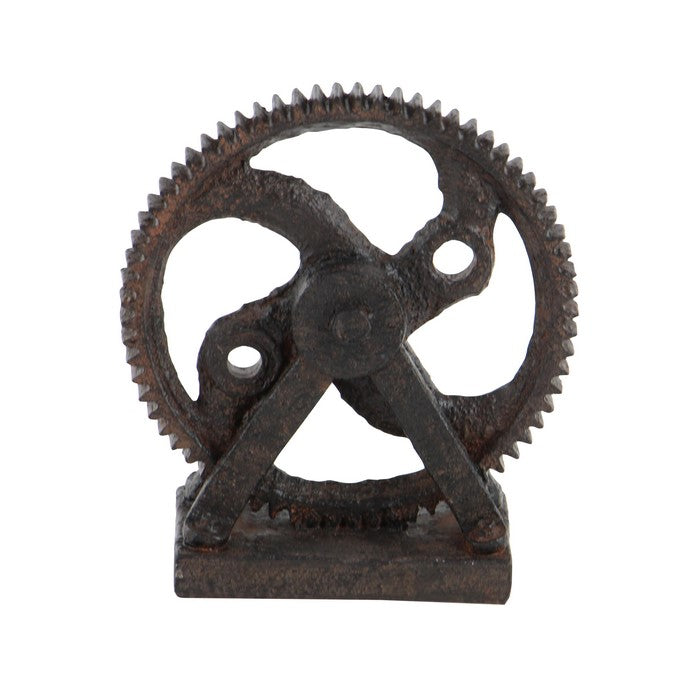 Polystone Molded Gear Sculpture with Distressed Details, Brown