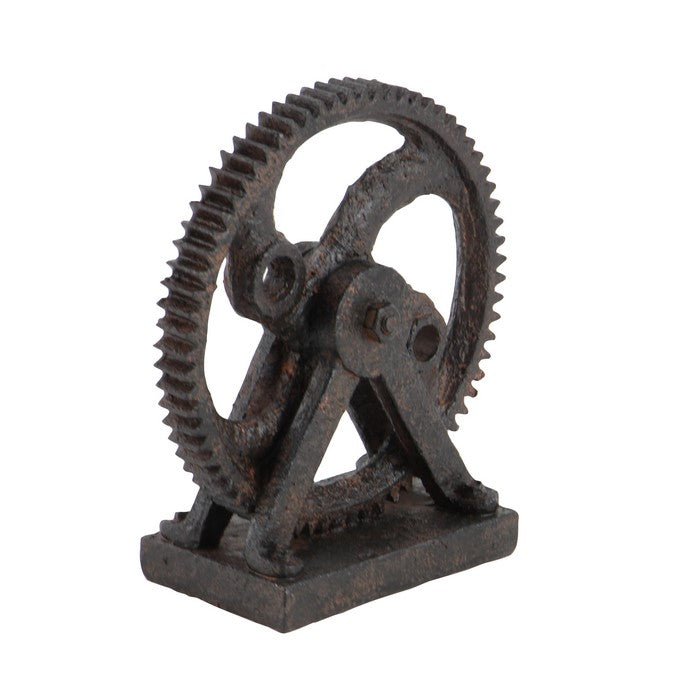 Polystone Molded Gear Sculpture with Distressed Details, Brown