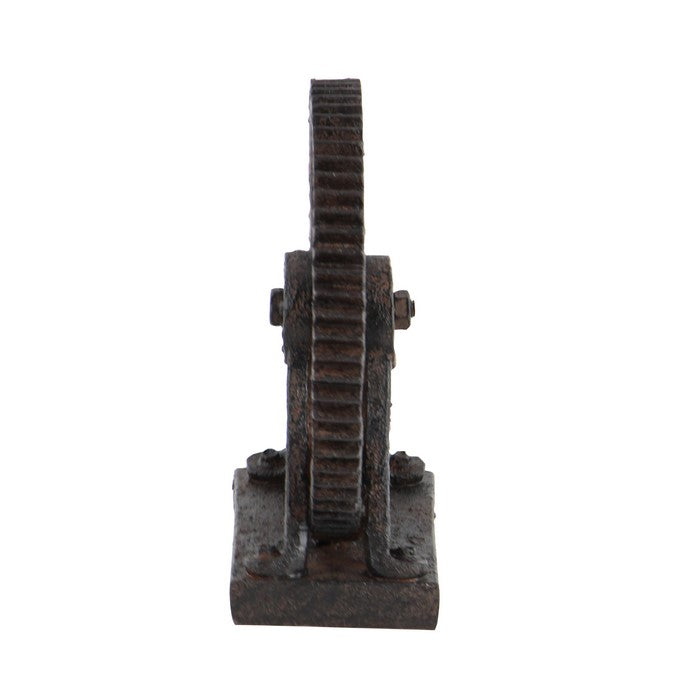 Polystone Molded Gear Sculpture with Distressed Details, Brown