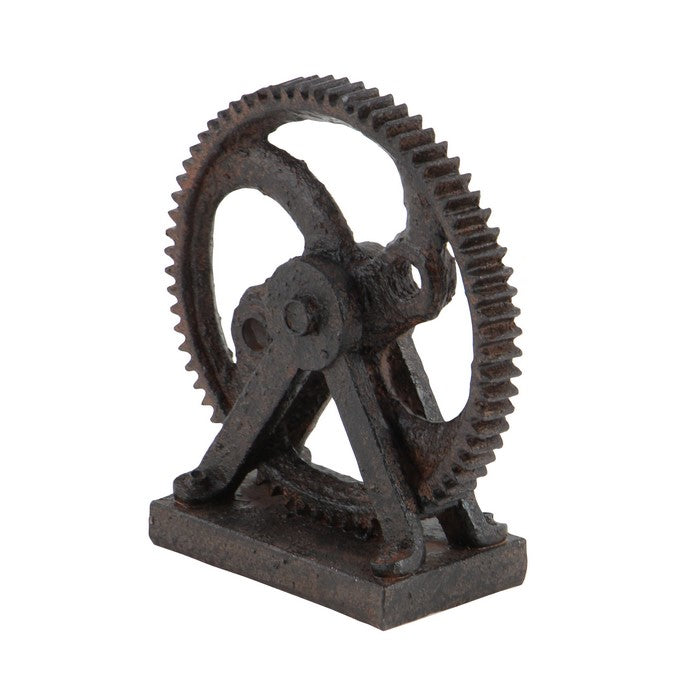 Polystone Molded Gear Sculpture with Distressed Details, Brown