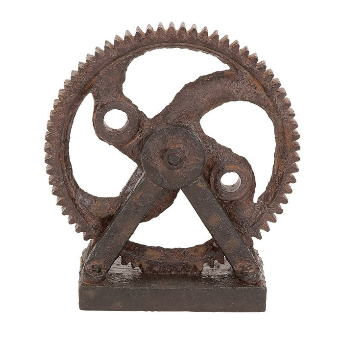 Polystone Molded Gear Sculpture with Distressed Details, Brown