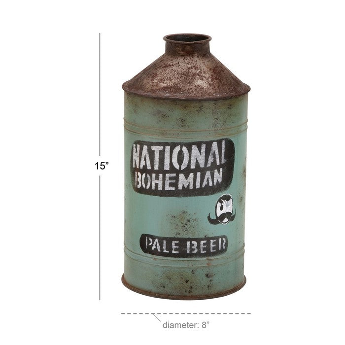 Metal Vase with Beer Typography and Raised Top, Green