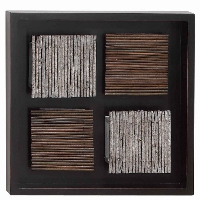Square Shaped Wooden Wall Decor with Arranged Planks,Assortment of 4,Black