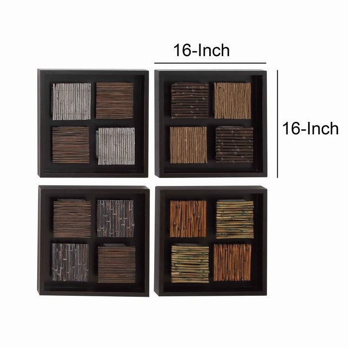 Square Shaped Wooden Wall Decor with Arranged Planks,Assortment of 4,Black