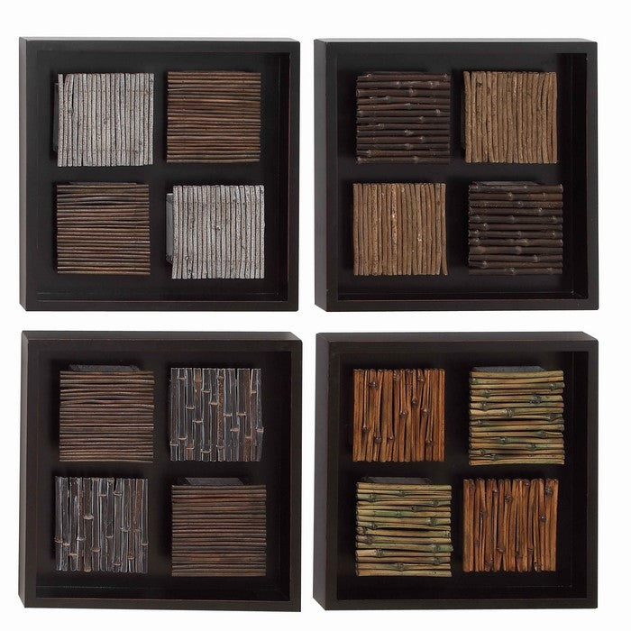Square Shaped Wooden Wall Decor with Arranged Planks,Assortment of 4,Black