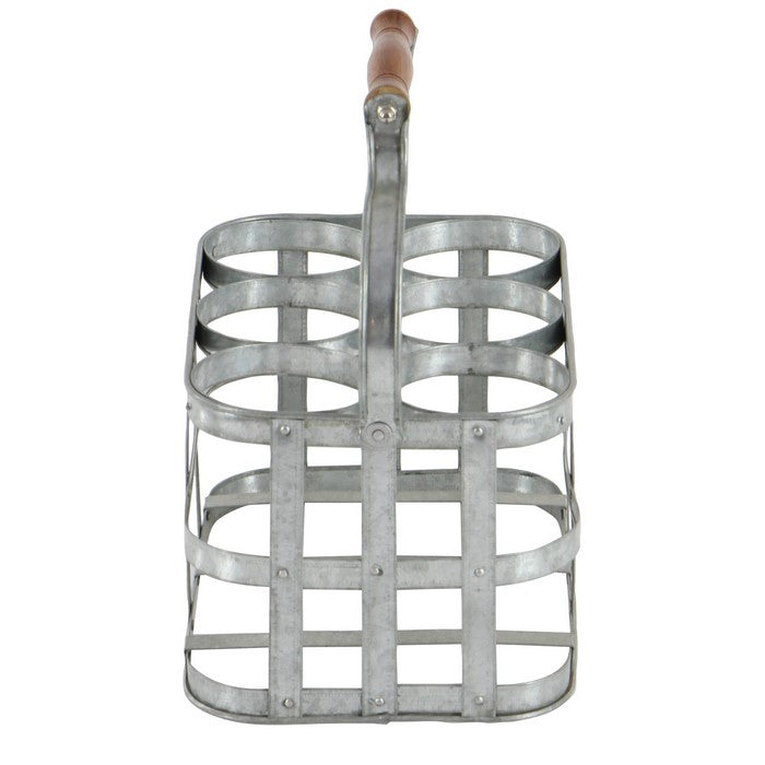 Metal Wine Holder with Grid Design Frame and Wooden Handle,Galvanized Gray