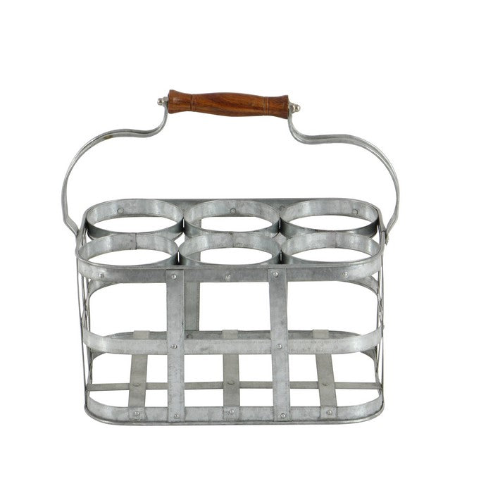 Metal Wine Holder with Grid Design Frame and Wooden Handle,Galvanized Gray