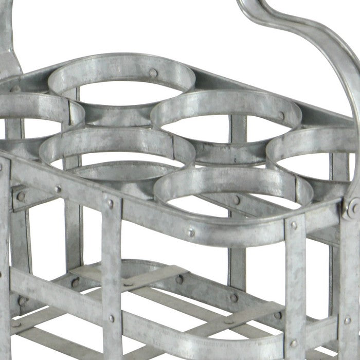 Metal Wine Holder with Grid Design Frame and Wooden Handle,Galvanized Gray