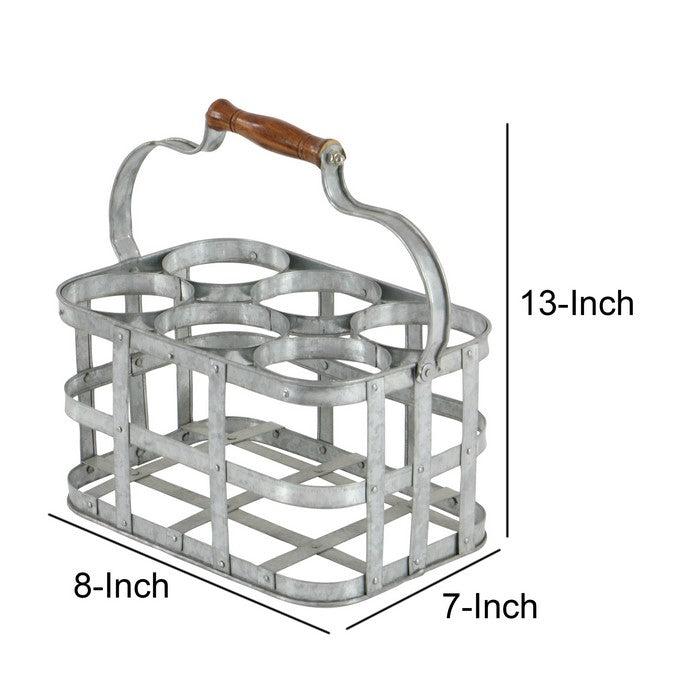 Metal Wine Holder with Grid Design Frame and Wooden Handle,Galvanized Gray