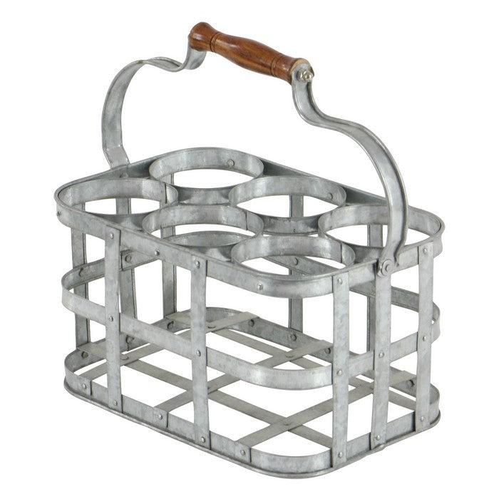 Metal Wine Holder with Grid Design Frame and Wooden Handle,Galvanized Gray