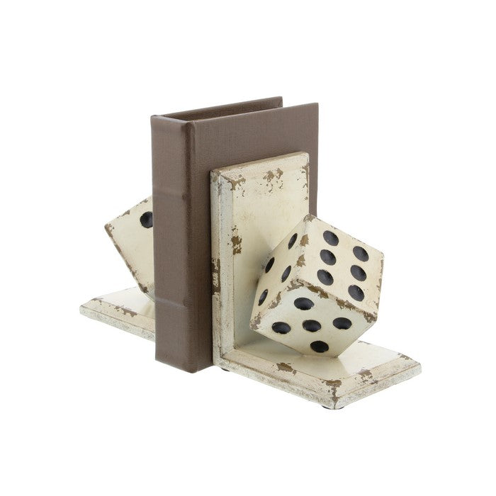 L Shaped Design Dice Bookends with Distressed Details, Antique  White