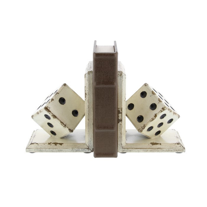 L Shaped Design Dice Bookends with Distressed Details, Antique  White