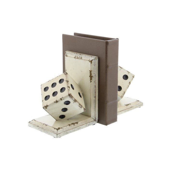 L Shaped Design Dice Bookends with Distressed Details, Antique  White