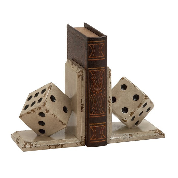 L Shaped Design Dice Bookends with Distressed Details, Antique  White