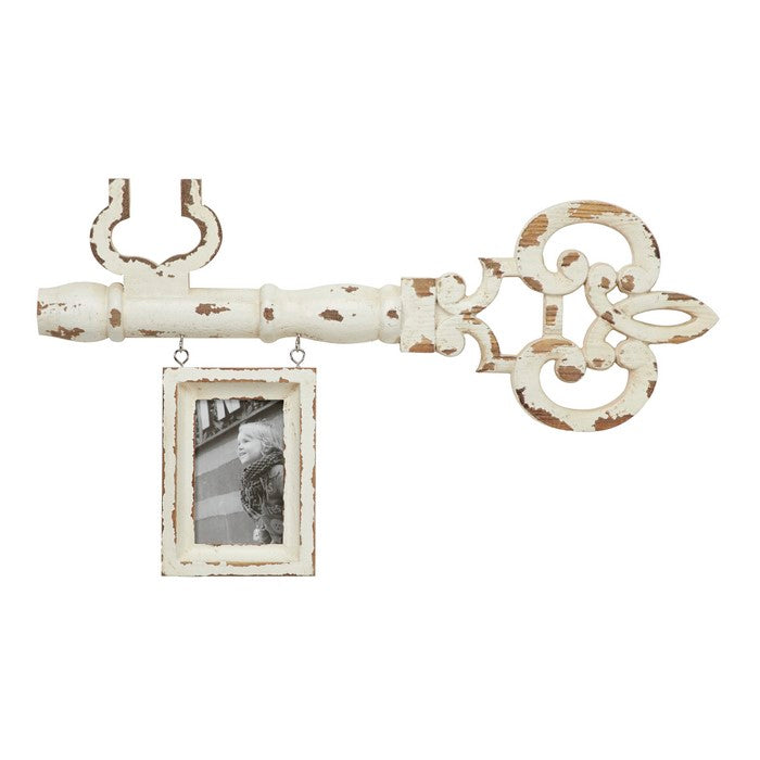 Key Shaped Wooden Wall Decor with Distressed Detail, Antique White