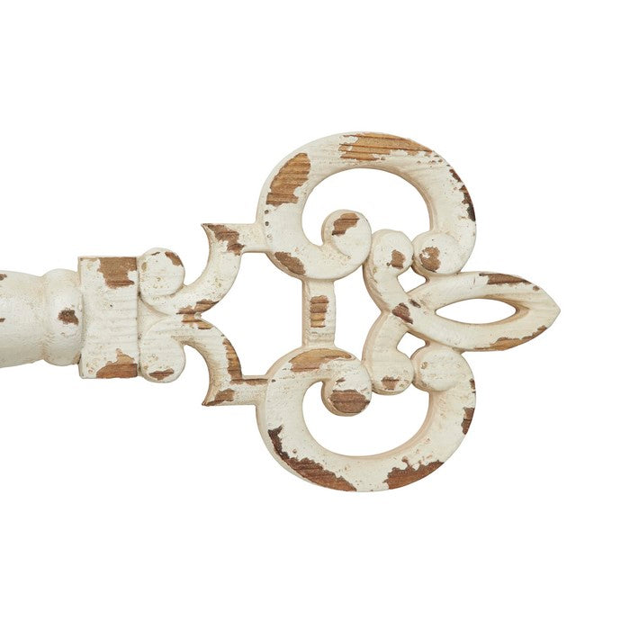 Key Shaped Wooden Wall Decor with Distressed Detail, Antique White