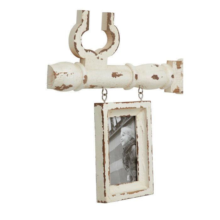 Key Shaped Wooden Wall Decor with Distressed Detail, Antique White