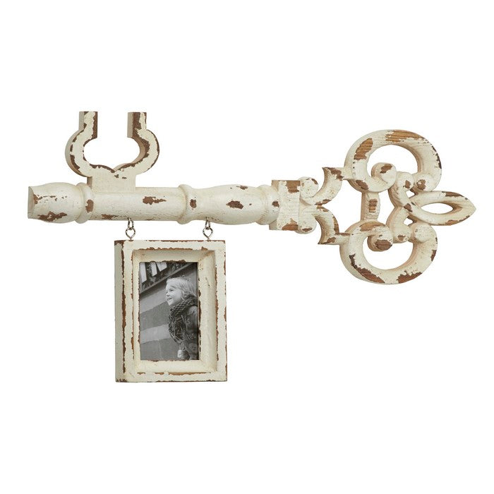 Key Shaped Wooden Wall Decor with Distressed Detail, Antique White