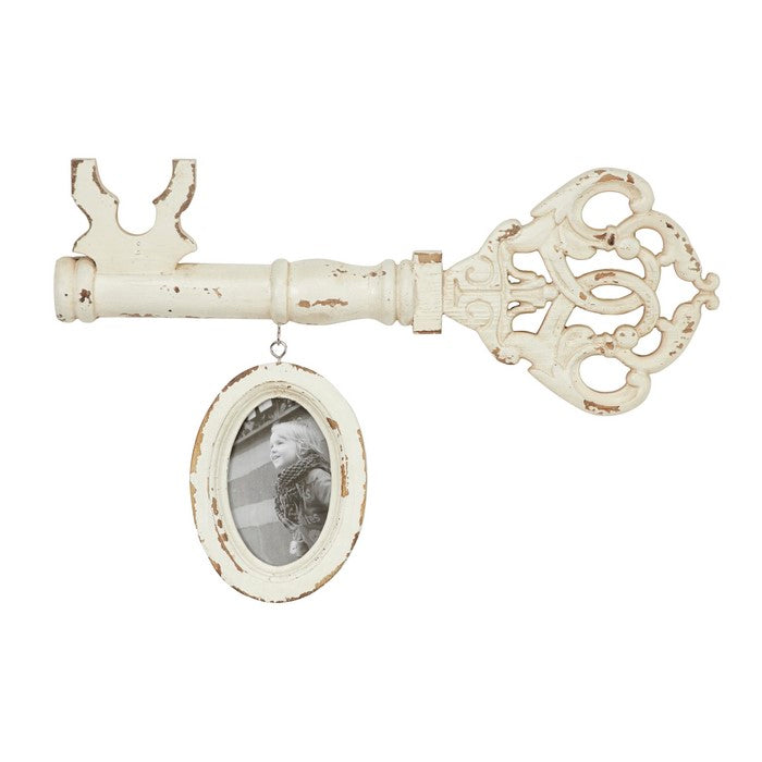 Key Wooden Wall Decor with Oval Frame and Distressed Details,Antique White