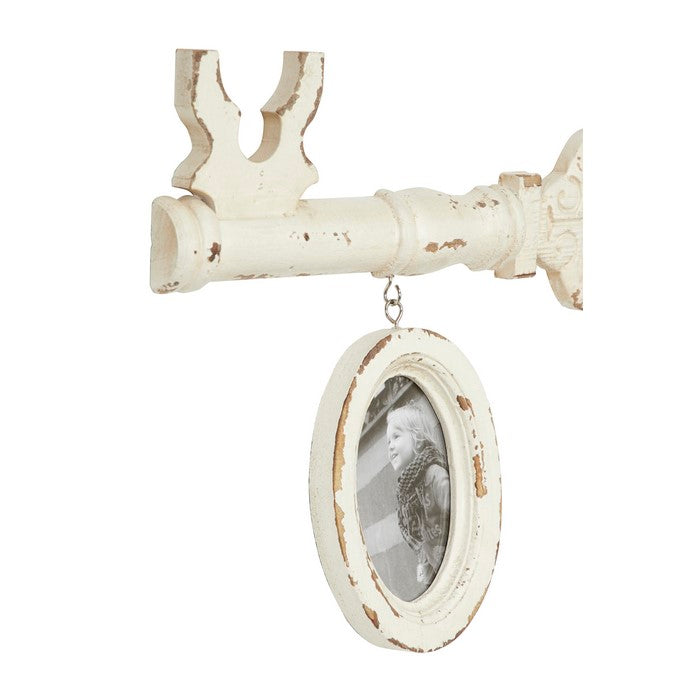 Key Wooden Wall Decor with Oval Frame and Distressed Details,Antique White